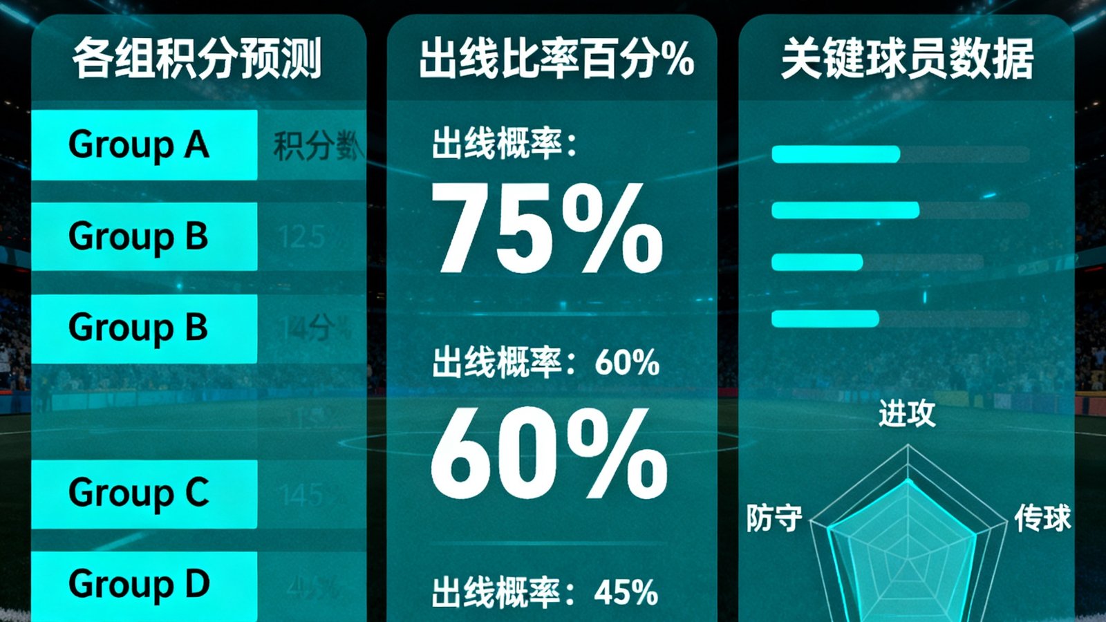 出线分析数据仪表盘展示各组积分预测、出线概率百分比和关键球员数据雷达图