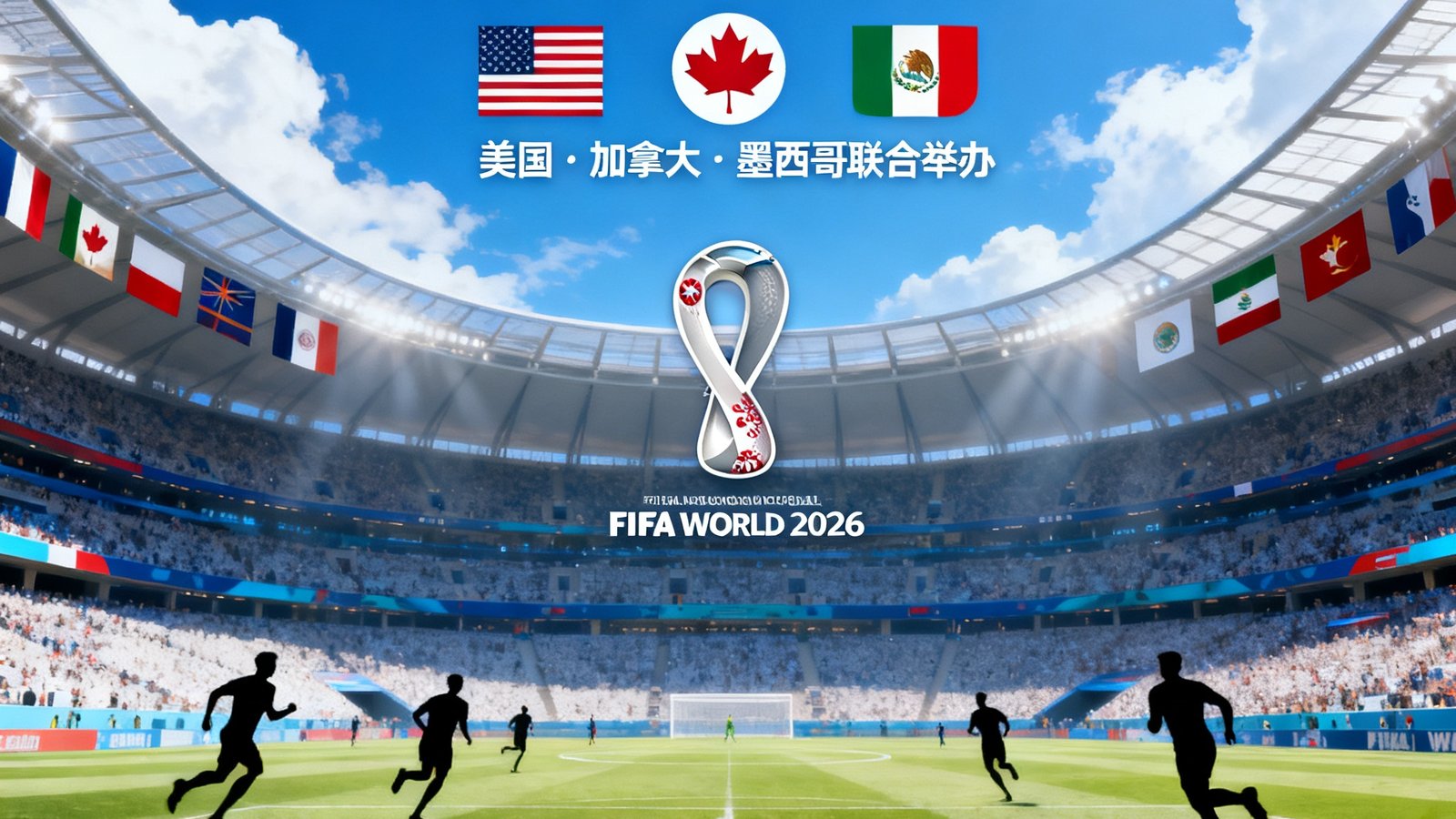 2026年世界杯官方宣传海报，展示美国、加拿大、墨西哥三国联合举办的赛事标志，背景为宏伟的足球场全景与飘扬的参赛国国旗