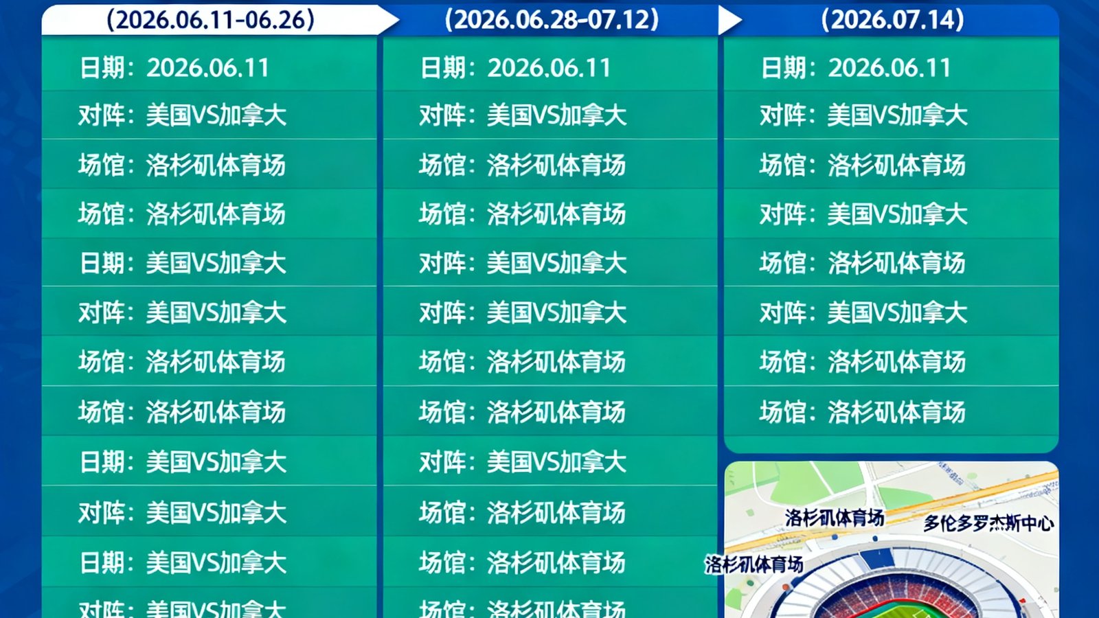 2026美加墨世界杯完整赛程日历界面预览，展示从小组赛到决赛的全部比赛日期、对阵双方和场馆信息